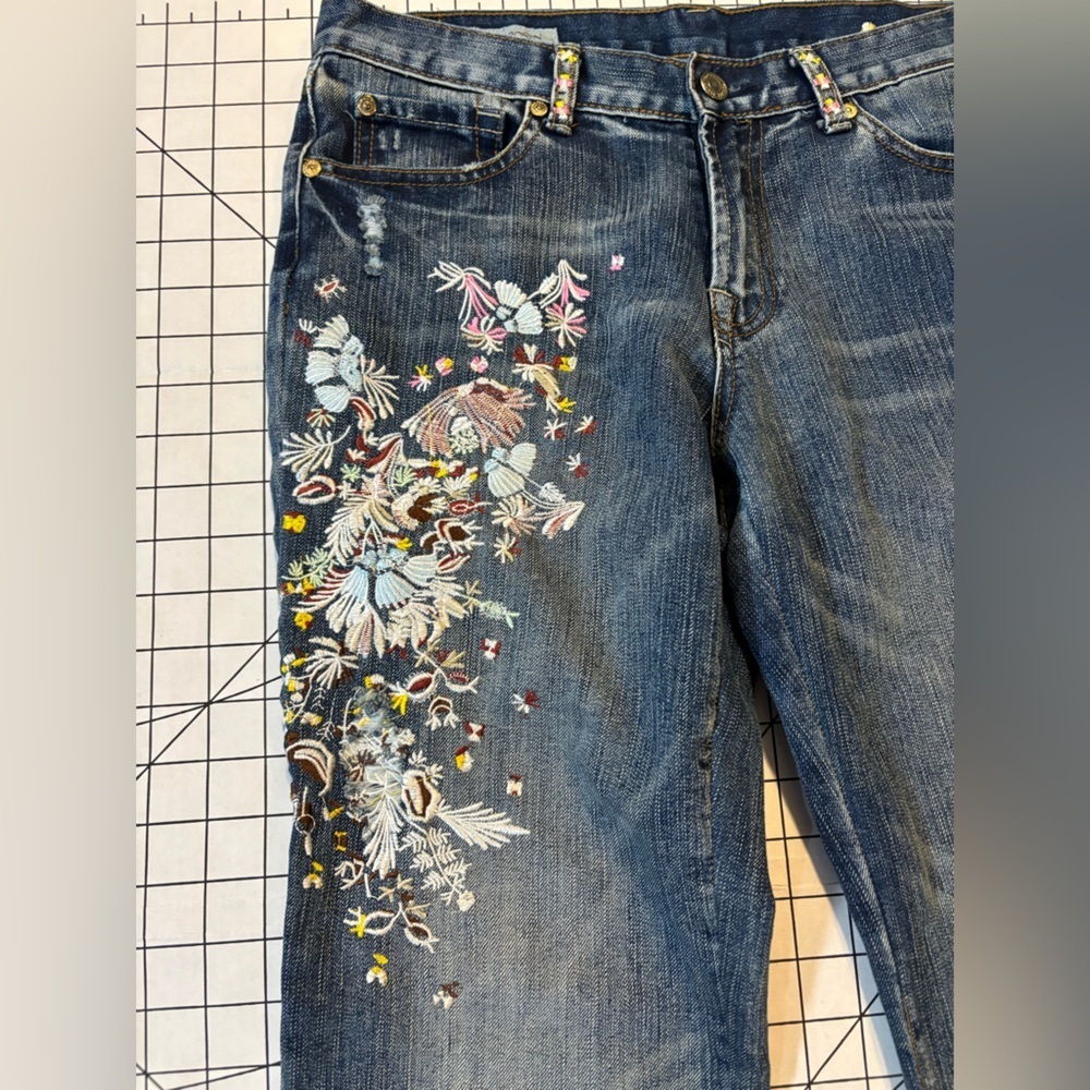 RARE 7 For All Mankind + Zac‎ Posen Blue Flare Jeans with Botanical Embroidery